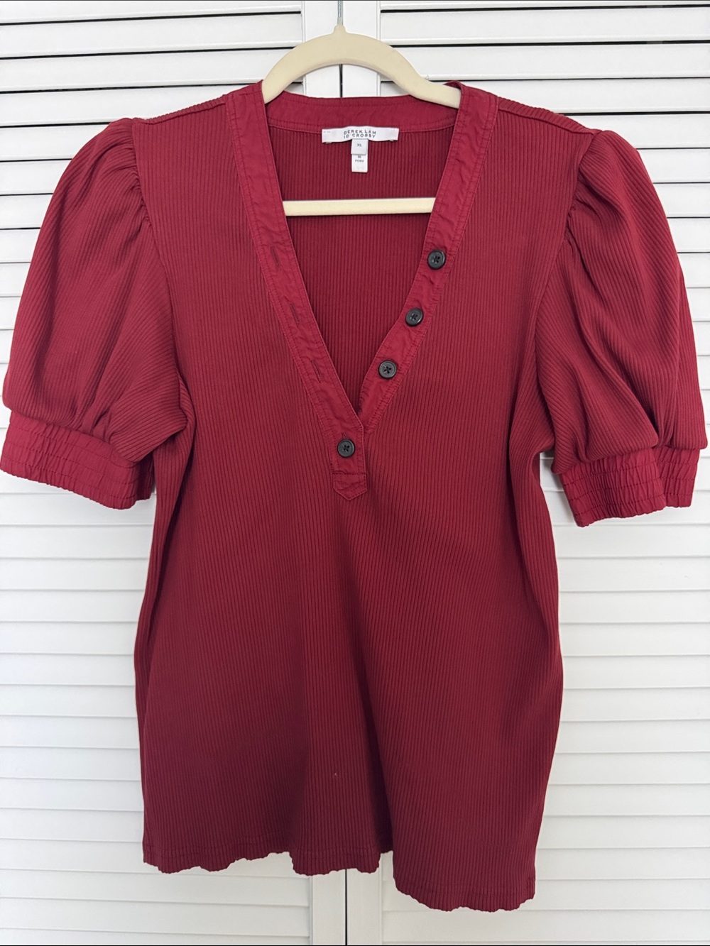 Derek Lam Cranberry Ribbed V-Neck Puff Sleeve Top